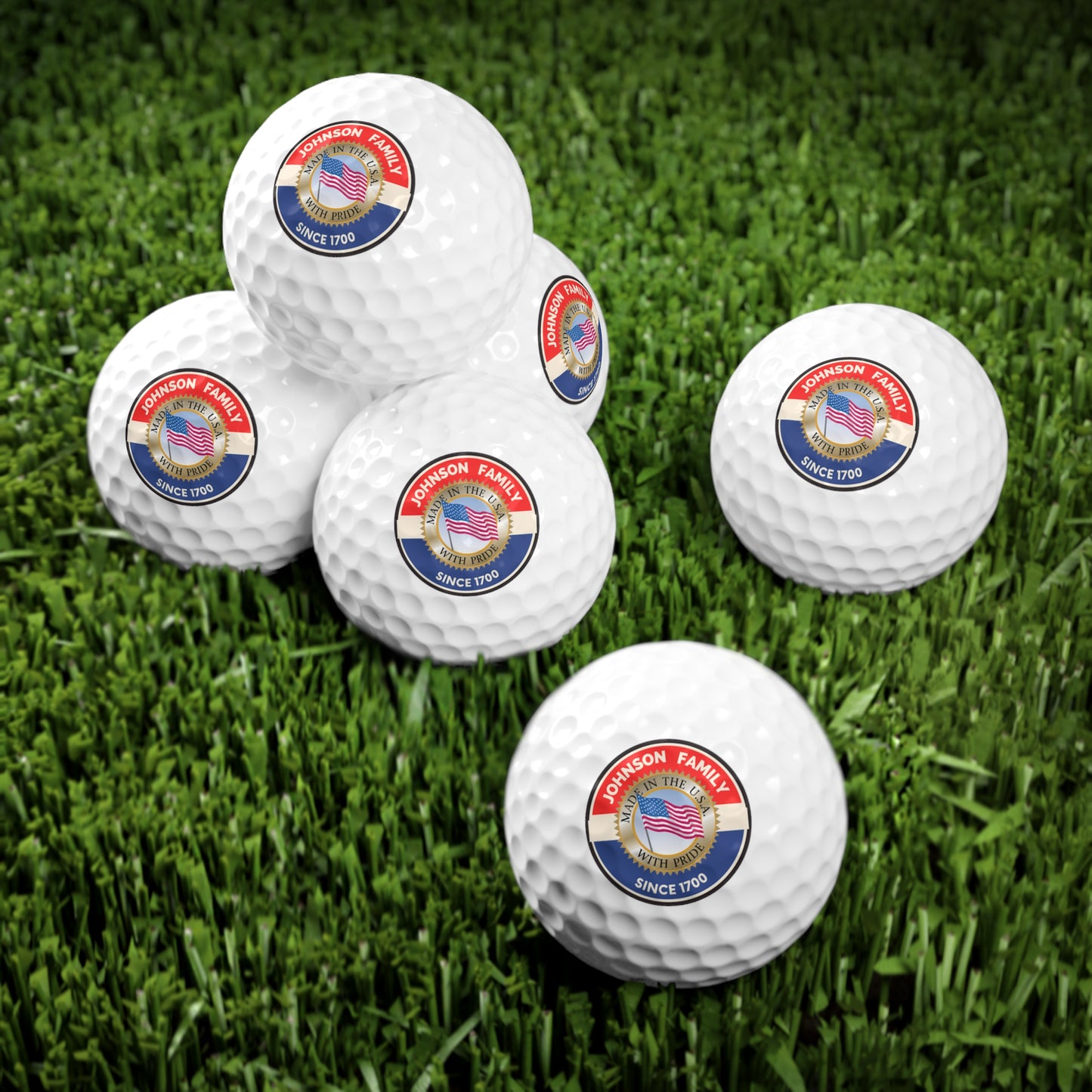 JOHNSON FAMILY Personalized Golf Balls Set - 6 Customized Family Golf Balls with USA Flag